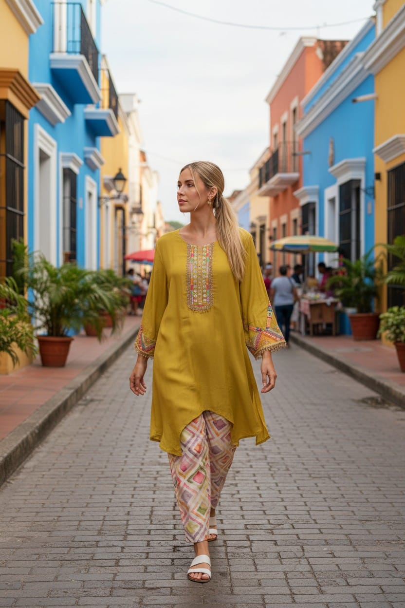 Mustard Yellow Embroidered Kurta Co-Ord